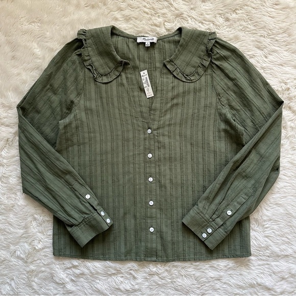 Madewell Top Ruffle-Collar Button-Up Shirt in Syril Plaid Faded Palm 0 NWT New - Picture 3 of 12